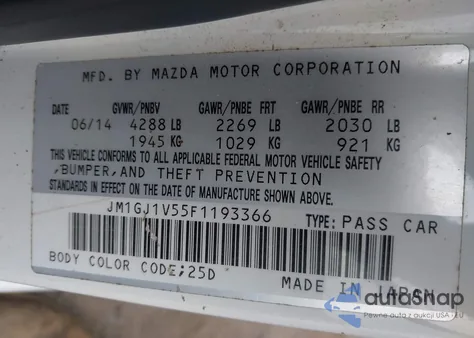 2015 Mazda Mazda6 I Touring z USA, uszkodzony, nr VIN JM1GJ1V55F1193366